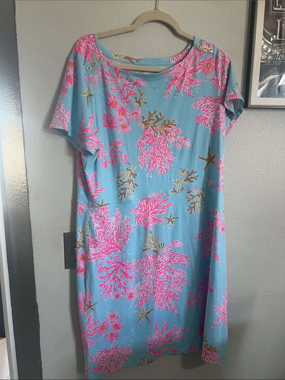 Lilly Pulitzer Blue Dress with Pink Coral & Gold Accents